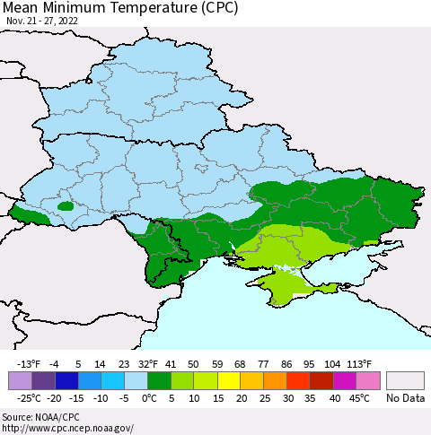 Ukraine, Moldova and Belarus Mean Minimum Temperature (CPC) Thematic Map For 11/21/2022 - 11/27/2022