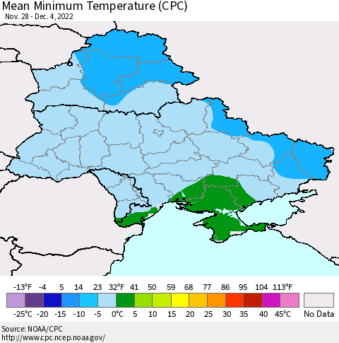 Ukraine, Moldova and Belarus Mean Minimum Temperature (CPC) Thematic Map For 11/28/2022 - 12/4/2022