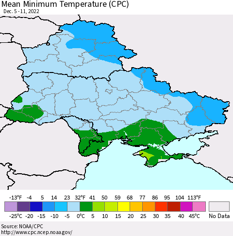 Ukraine, Moldova and Belarus Mean Minimum Temperature (CPC) Thematic Map For 12/5/2022 - 12/11/2022
