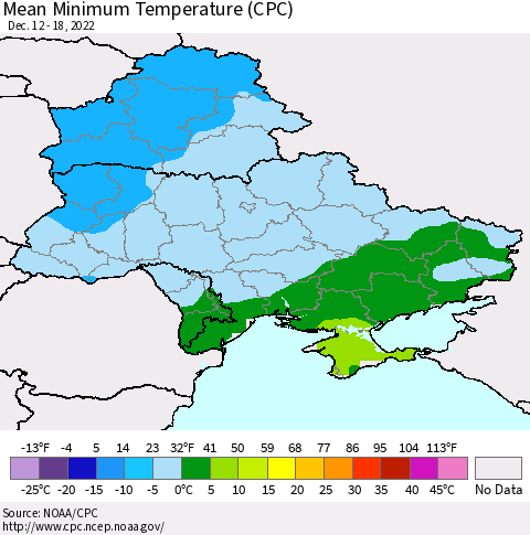Ukraine, Moldova and Belarus Mean Minimum Temperature (CPC) Thematic Map For 12/12/2022 - 12/18/2022