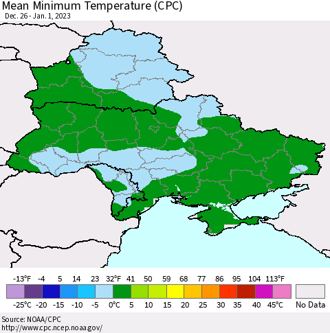 Ukraine, Moldova and Belarus Mean Minimum Temperature (CPC) Thematic Map For 12/26/2022 - 1/1/2023