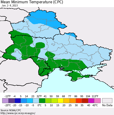 Ukraine, Moldova and Belarus Mean Minimum Temperature (CPC) Thematic Map For 1/2/2023 - 1/8/2023