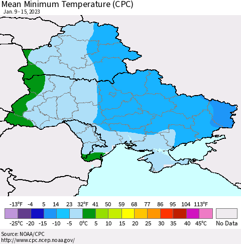 Ukraine, Moldova and Belarus Mean Minimum Temperature (CPC) Thematic Map For 1/9/2023 - 1/15/2023