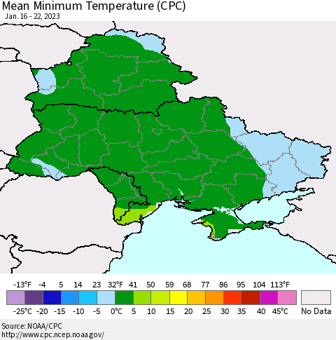Ukraine, Moldova and Belarus Mean Minimum Temperature (CPC) Thematic Map For 1/16/2023 - 1/22/2023