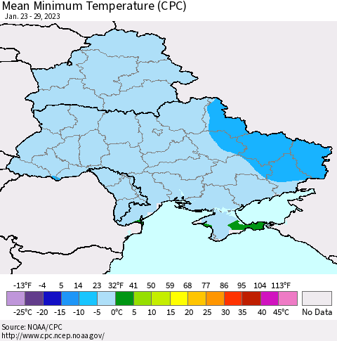 Ukraine, Moldova and Belarus Mean Minimum Temperature (CPC) Thematic Map For 1/23/2023 - 1/29/2023