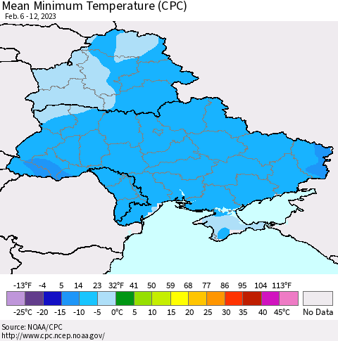 Ukraine, Moldova and Belarus Mean Minimum Temperature (CPC) Thematic Map For 2/6/2023 - 2/12/2023