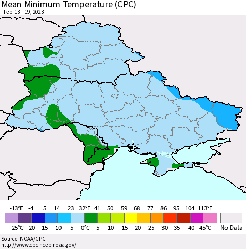 Ukraine, Moldova and Belarus Mean Minimum Temperature (CPC) Thematic Map For 2/13/2023 - 2/19/2023