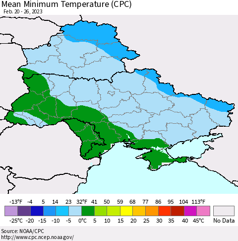 Ukraine, Moldova and Belarus Mean Minimum Temperature (CPC) Thematic Map For 2/20/2023 - 2/26/2023