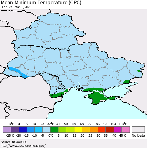 Ukraine, Moldova and Belarus Mean Minimum Temperature (CPC) Thematic Map For 2/27/2023 - 3/5/2023