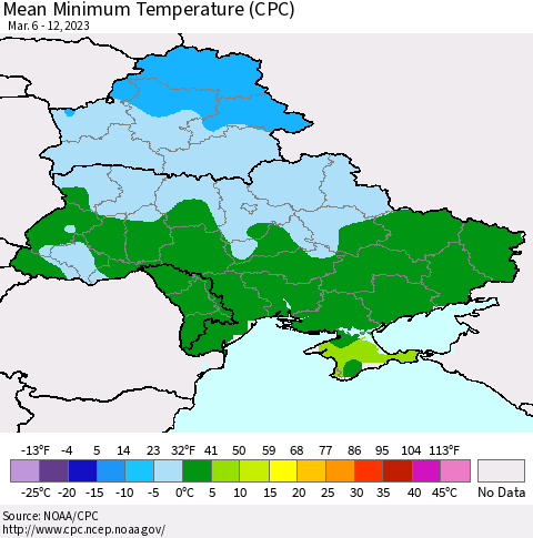 Ukraine, Moldova and Belarus Mean Minimum Temperature (CPC) Thematic Map For 3/6/2023 - 3/12/2023