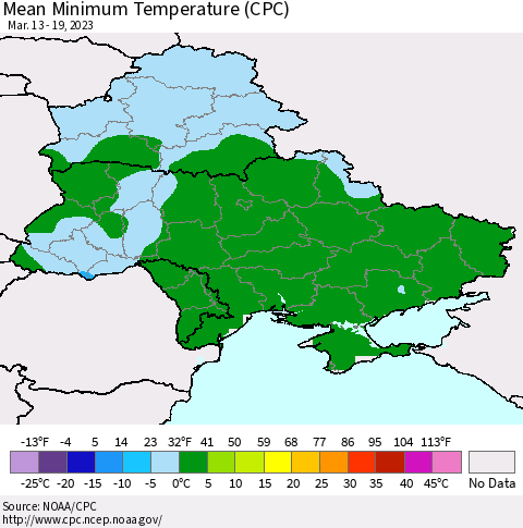 Ukraine, Moldova and Belarus Mean Minimum Temperature (CPC) Thematic Map For 3/13/2023 - 3/19/2023
