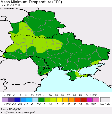 Ukraine, Moldova and Belarus Mean Minimum Temperature (CPC) Thematic Map For 3/20/2023 - 3/26/2023