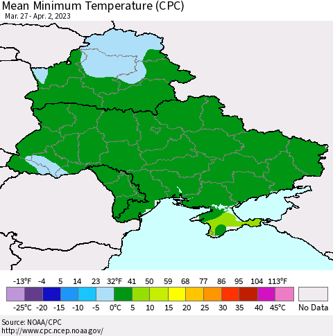 Ukraine, Moldova and Belarus Mean Minimum Temperature (CPC) Thematic Map For 3/27/2023 - 4/2/2023