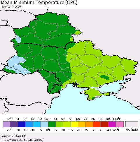 Ukraine, Moldova and Belarus Mean Minimum Temperature (CPC) Thematic Map For 4/3/2023 - 4/9/2023