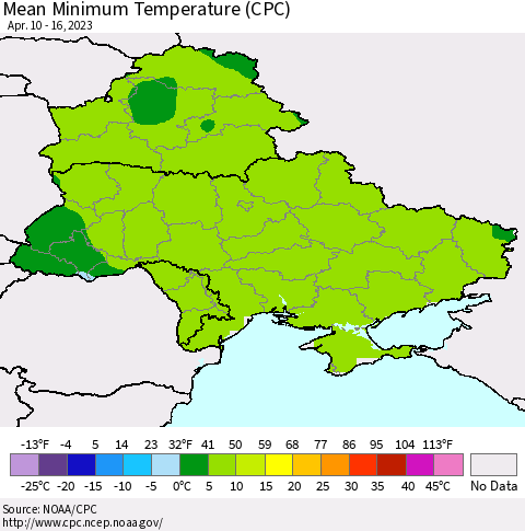 Ukraine, Moldova and Belarus Mean Minimum Temperature (CPC) Thematic Map For 4/10/2023 - 4/16/2023