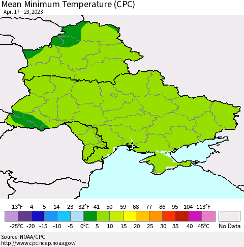 Ukraine, Moldova and Belarus Mean Minimum Temperature (CPC) Thematic Map For 4/17/2023 - 4/23/2023