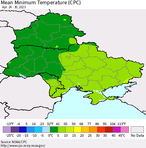 Ukraine, Moldova and Belarus Mean Minimum Temperature (CPC) Thematic Map For 4/24/2023 - 4/30/2023