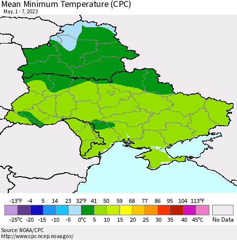 Ukraine, Moldova and Belarus Mean Minimum Temperature (CPC) Thematic Map For 5/1/2023 - 5/7/2023