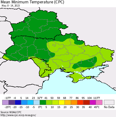 Ukraine, Moldova and Belarus Mean Minimum Temperature (CPC) Thematic Map For 5/8/2023 - 5/14/2023