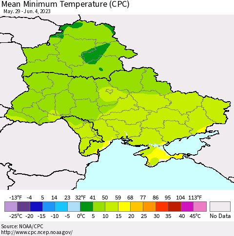 Ukraine, Moldova and Belarus Mean Minimum Temperature (CPC) Thematic Map For 5/29/2023 - 6/4/2023