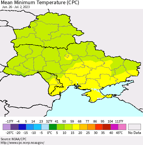 Ukraine, Moldova and Belarus Mean Minimum Temperature (CPC) Thematic Map For 6/26/2023 - 7/2/2023
