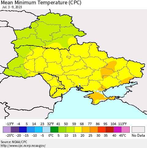 Ukraine, Moldova and Belarus Mean Minimum Temperature (CPC) Thematic Map For 7/3/2023 - 7/9/2023