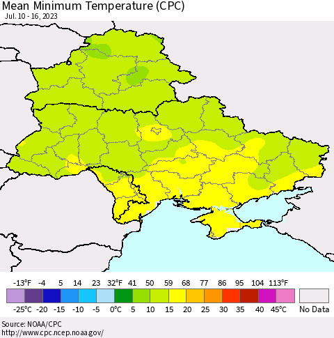 Ukraine, Moldova and Belarus Mean Minimum Temperature (CPC) Thematic Map For 7/10/2023 - 7/16/2023