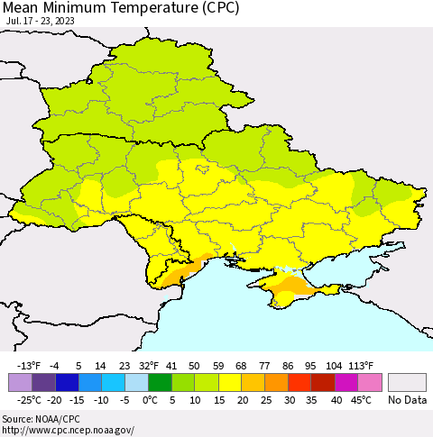 Ukraine, Moldova and Belarus Mean Minimum Temperature (CPC) Thematic Map For 7/17/2023 - 7/23/2023