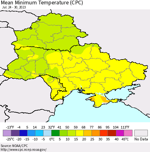 Ukraine, Moldova and Belarus Mean Minimum Temperature (CPC) Thematic Map For 7/24/2023 - 7/30/2023