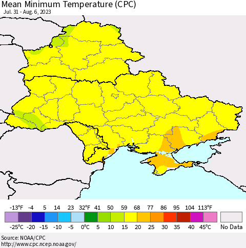 Ukraine, Moldova and Belarus Mean Minimum Temperature (CPC) Thematic Map For 7/31/2023 - 8/6/2023