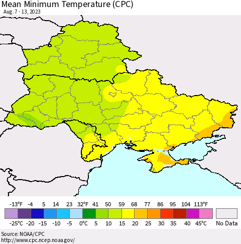 Ukraine, Moldova and Belarus Mean Minimum Temperature (CPC) Thematic Map For 8/7/2023 - 8/13/2023