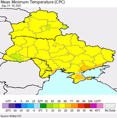 Ukraine, Moldova and Belarus Mean Minimum Temperature (CPC) Thematic Map For 8/14/2023 - 8/20/2023
