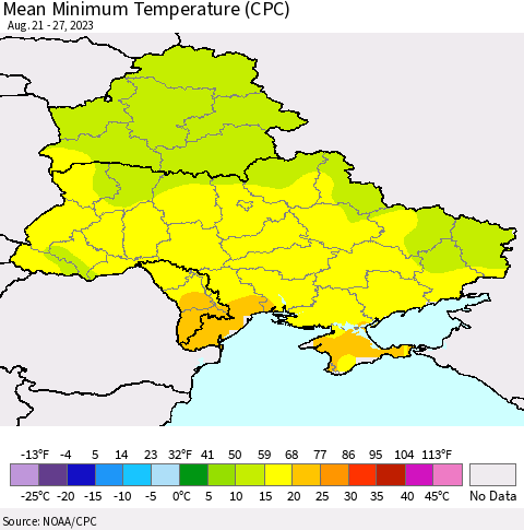Ukraine, Moldova and Belarus Mean Minimum Temperature (CPC) Thematic Map For 8/21/2023 - 8/27/2023