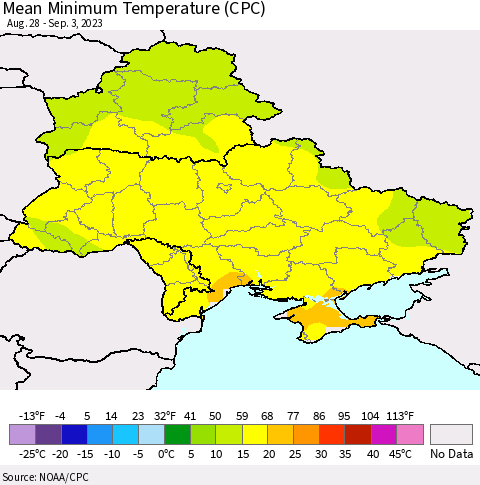 Ukraine, Moldova and Belarus Mean Minimum Temperature (CPC) Thematic Map For 8/28/2023 - 9/3/2023