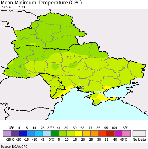 Ukraine, Moldova and Belarus Mean Minimum Temperature (CPC) Thematic Map For 9/4/2023 - 9/10/2023