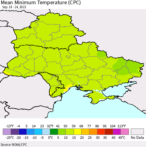 Ukraine, Moldova and Belarus Mean Minimum Temperature (CPC) Thematic Map For 9/18/2023 - 9/24/2023