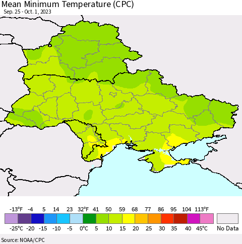 Ukraine, Moldova and Belarus Mean Minimum Temperature (CPC) Thematic Map For 9/25/2023 - 10/1/2023