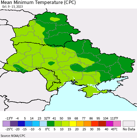 Ukraine, Moldova and Belarus Mean Minimum Temperature (CPC) Thematic Map For 10/9/2023 - 10/15/2023