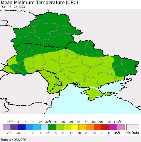 Ukraine, Moldova and Belarus Mean Minimum Temperature (CPC) Thematic Map For 10/16/2023 - 10/22/2023