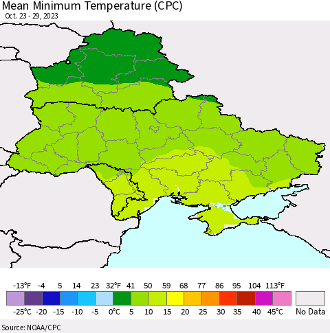 Ukraine, Moldova and Belarus Mean Minimum Temperature (CPC) Thematic Map For 10/23/2023 - 10/29/2023