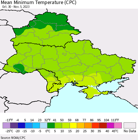 Ukraine, Moldova and Belarus Mean Minimum Temperature (CPC) Thematic Map For 10/30/2023 - 11/5/2023