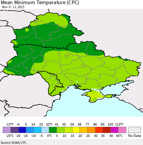 Ukraine, Moldova and Belarus Mean Minimum Temperature (CPC) Thematic Map For 11/6/2023 - 11/12/2023