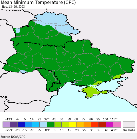 Ukraine, Moldova and Belarus Mean Minimum Temperature (CPC) Thematic Map For 11/13/2023 - 11/19/2023