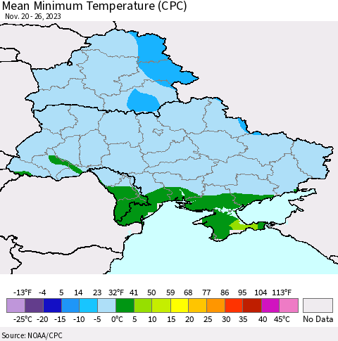 Ukraine, Moldova and Belarus Mean Minimum Temperature (CPC) Thematic Map For 11/20/2023 - 11/26/2023