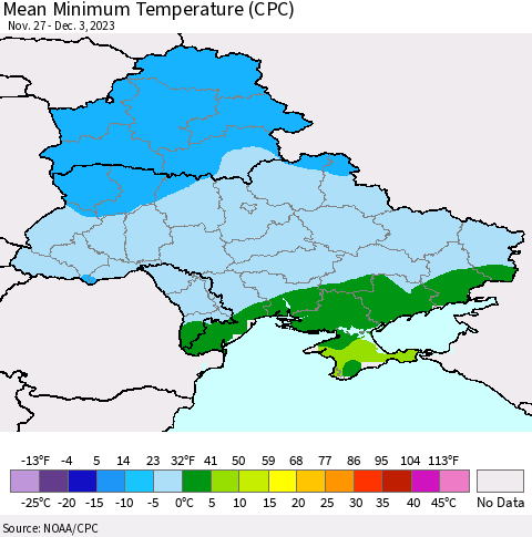 Ukraine, Moldova and Belarus Mean Minimum Temperature (CPC) Thematic Map For 11/27/2023 - 12/3/2023