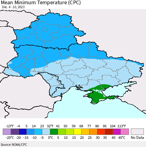 Ukraine, Moldova and Belarus Mean Minimum Temperature (CPC) Thematic Map For 12/4/2023 - 12/10/2023
