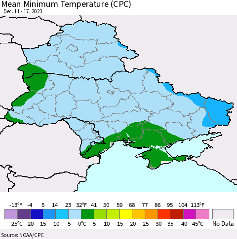 Ukraine, Moldova and Belarus Mean Minimum Temperature (CPC) Thematic Map For 12/11/2023 - 12/17/2023