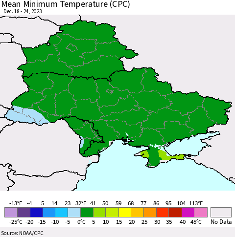 Ukraine, Moldova and Belarus Mean Minimum Temperature (CPC) Thematic Map For 12/18/2023 - 12/24/2023