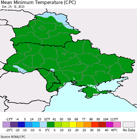 Ukraine, Moldova and Belarus Mean Minimum Temperature (CPC) Thematic Map For 12/25/2023 - 12/31/2023
