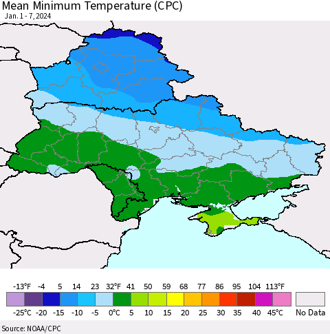 Ukraine, Moldova and Belarus Mean Minimum Temperature (CPC) Thematic Map For 1/1/2024 - 1/7/2024
